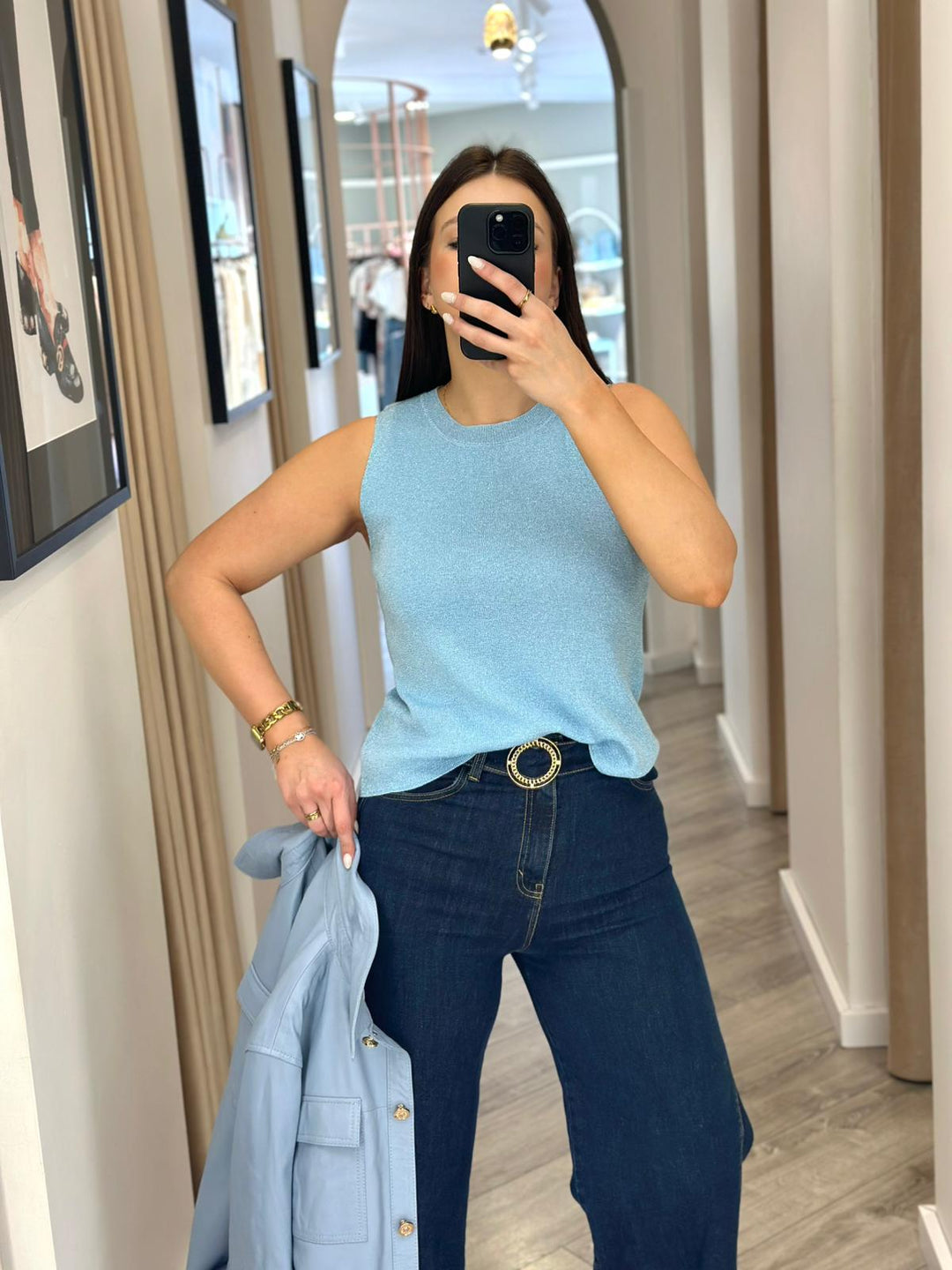 TOP AZUL BRILHO SEM MANGAS PONTO CHIC