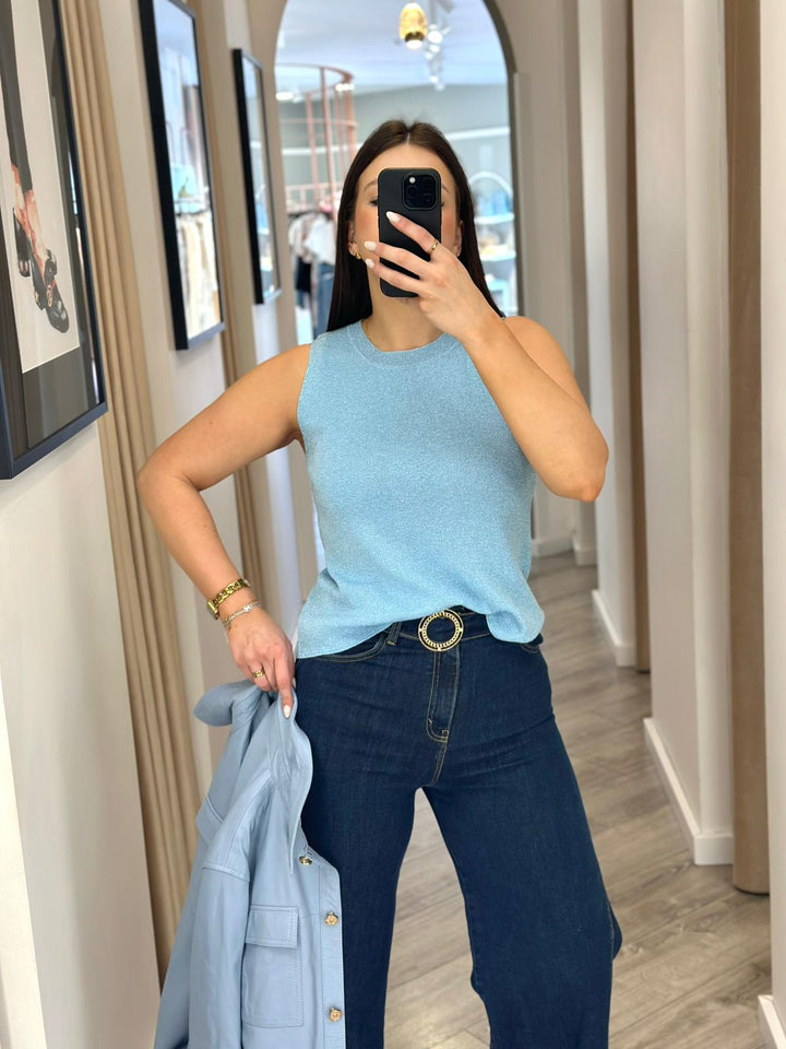 TOP AZUL BRILHO SEM MANGAS PONTO CHIC