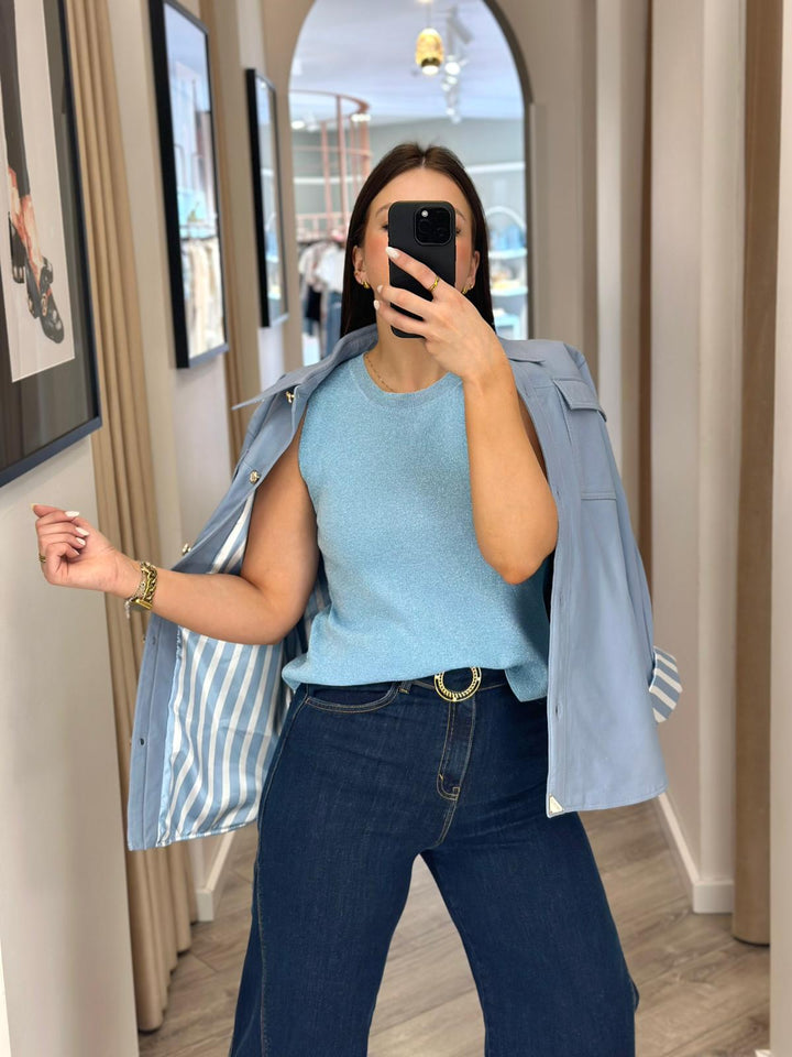 TOP AZUL BRILHO SEM MANGAS PONTO CHIC
