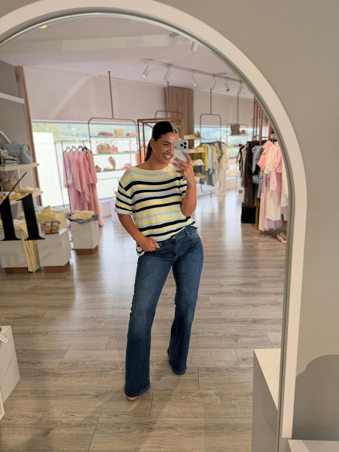 CAMISOLA AZUL DE MALHA ÀS RISCAS MULTICOLOR PONTO CHIC