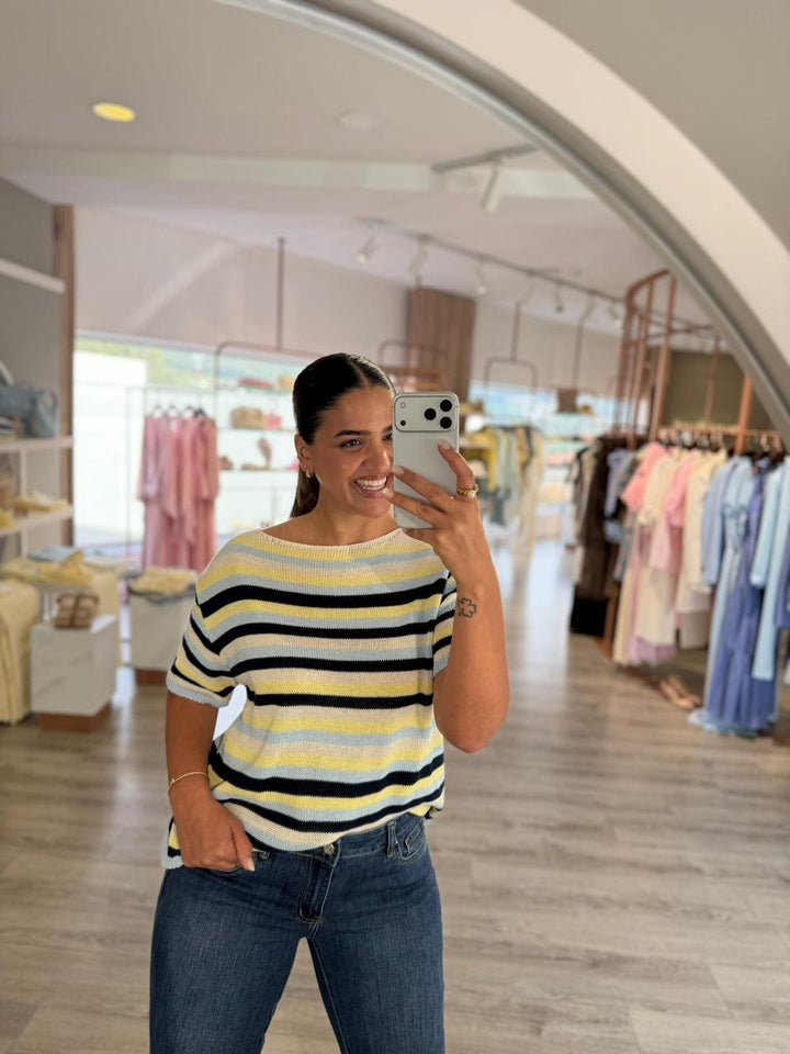 CAMISOLA AZUL DE MALHA ÀS RISCAS MULTICOLOR PONTO CHIC