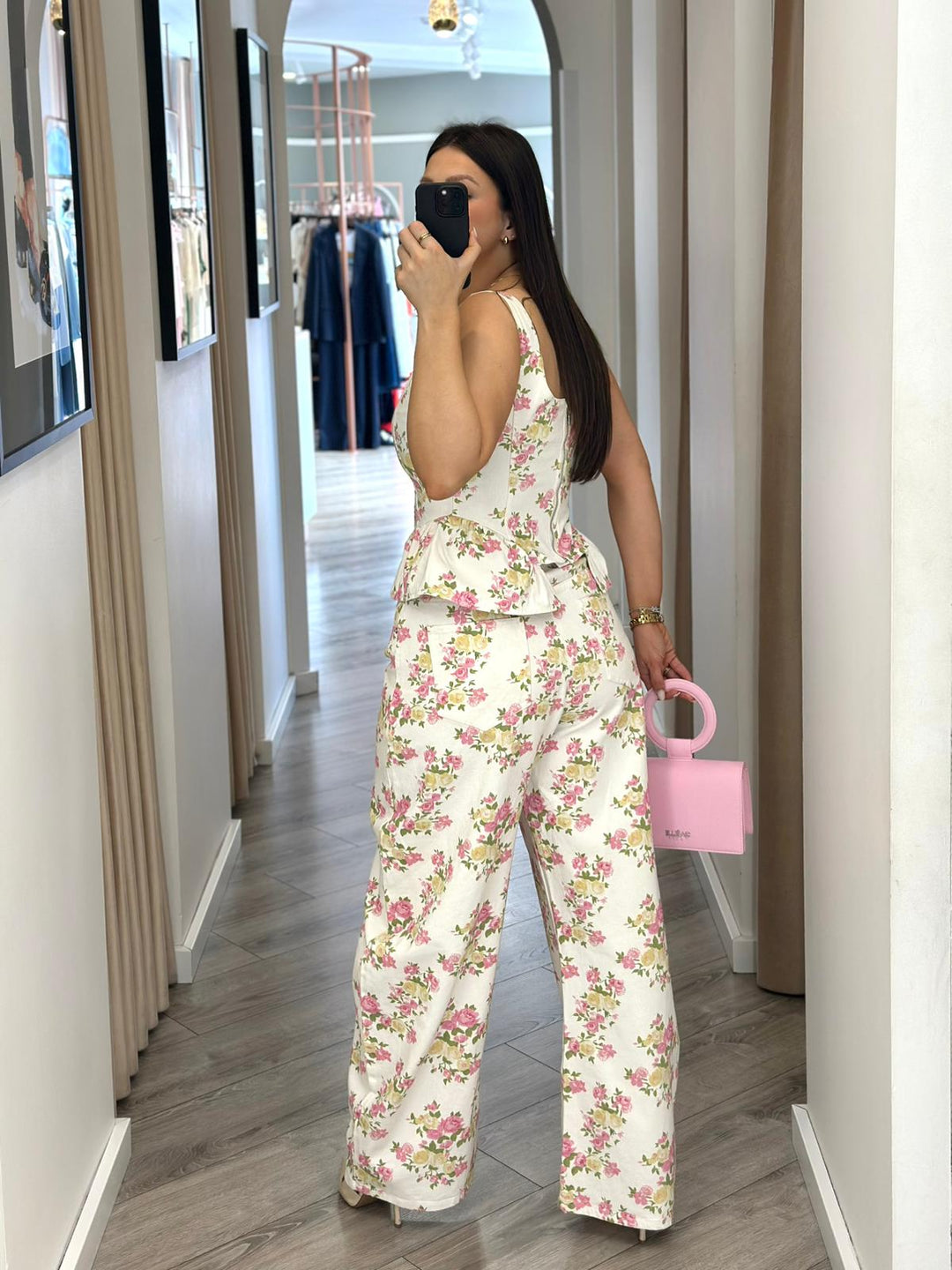 CONJUNTO DE GANGA CALÇA E TOP ESTAMPADO FLORAL ROSA PONTO CHIC