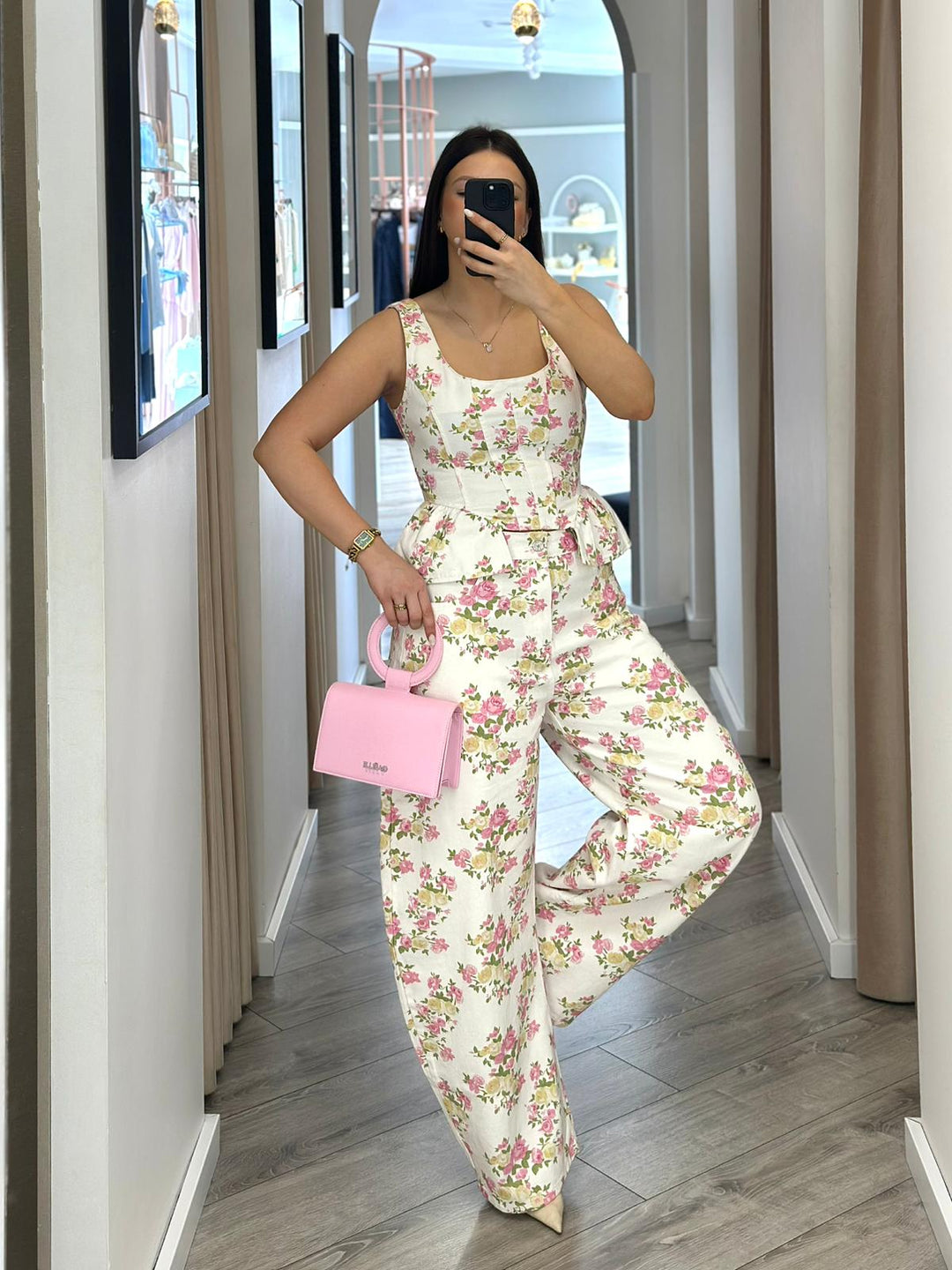 CONJUNTO DE GANGA CALÇA E TOP ESTAMPADO FLORAL ROSA PONTO CHIC