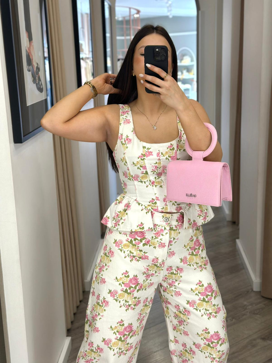 CONJUNTO DE GANGA CALÇA E TOP ESTAMPADO FLORAL ROSA PONTO CHIC