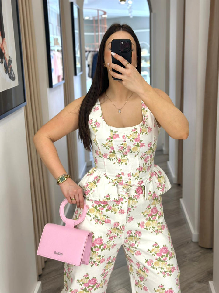 CONJUNTO DE GANGA CALÇA E TOP ESTAMPADO FLORAL ROSA PONTO CHIC