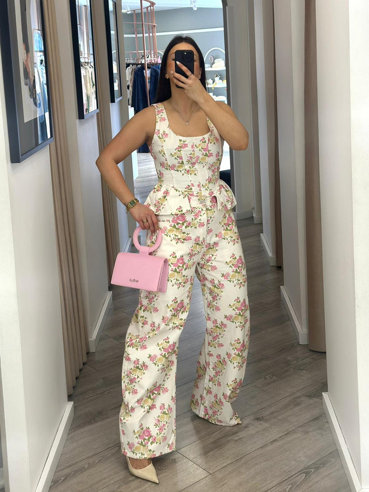CONJUNTO DE GANGA CALÇA E TOP ESTAMPADO FLORAL ROSA PONTO CHIC