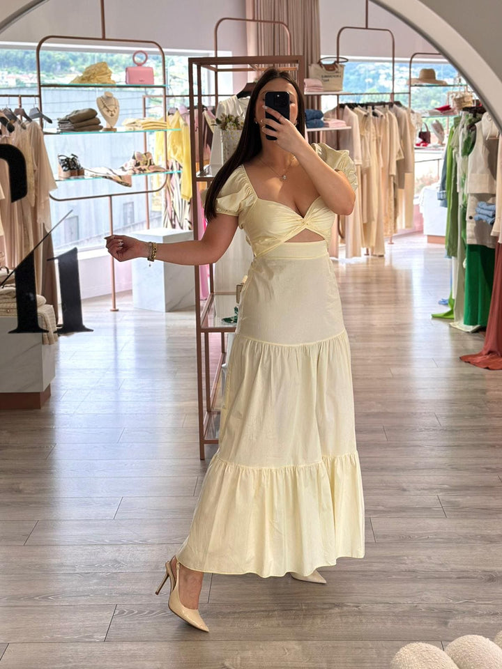 VESTIDO COMPRIDO AMARELO MANTEIGA PONTO CHIC