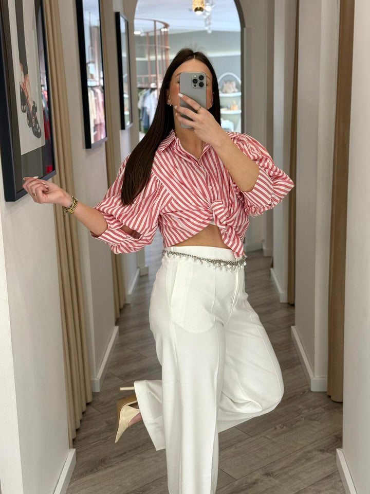 CAMISA CROPPED ÁS RISCAS VERMELHA PONTO CHIC