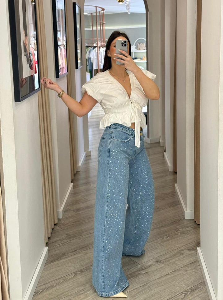 TOP BRANCO COM FOLHOS E MANGA VOLUME PONTO CHIC