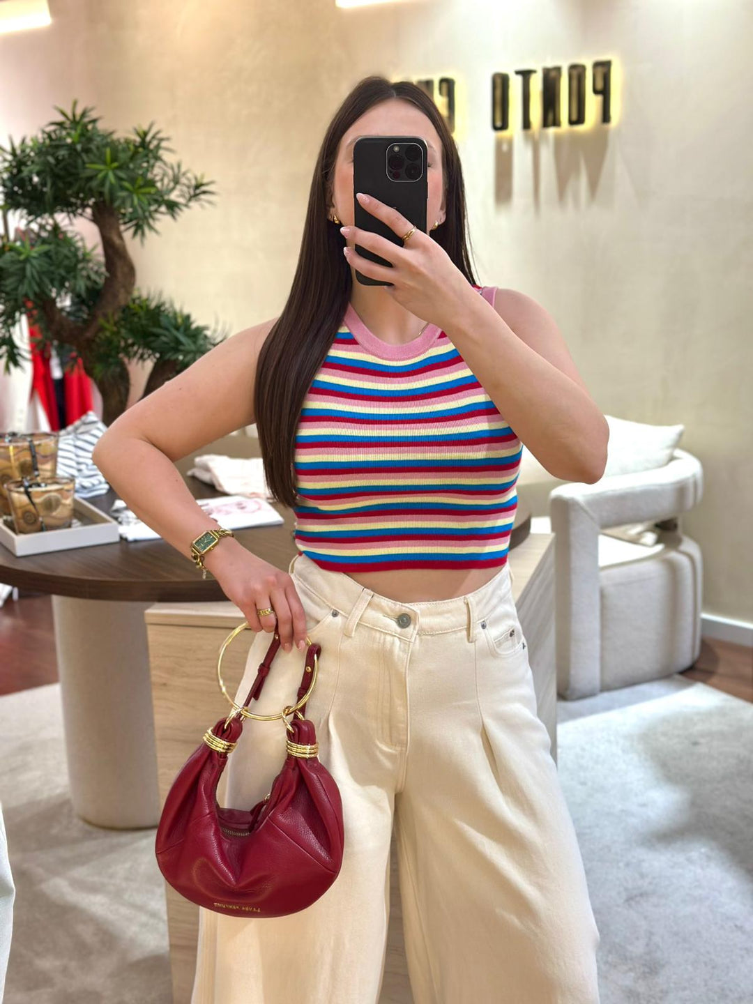 TOP TRICOT ROSA COM RISCAS MULTICOR PONTO CHIC