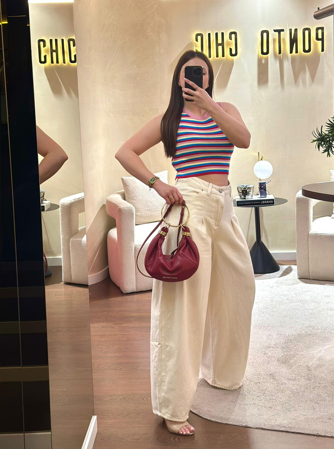 TOP TRICOT ROSA COM RISCAS MULTICOR PONTO CHIC