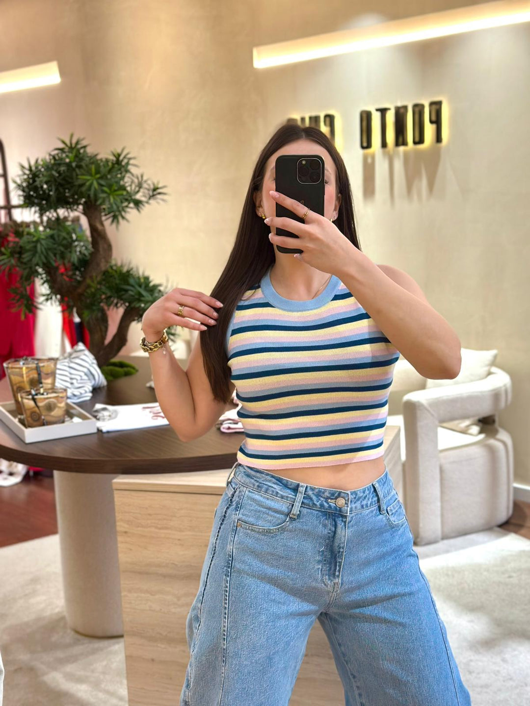 CALÇA DE GANGA WIDE LEG COM COSTURA FRONTAL PONTO CHIC