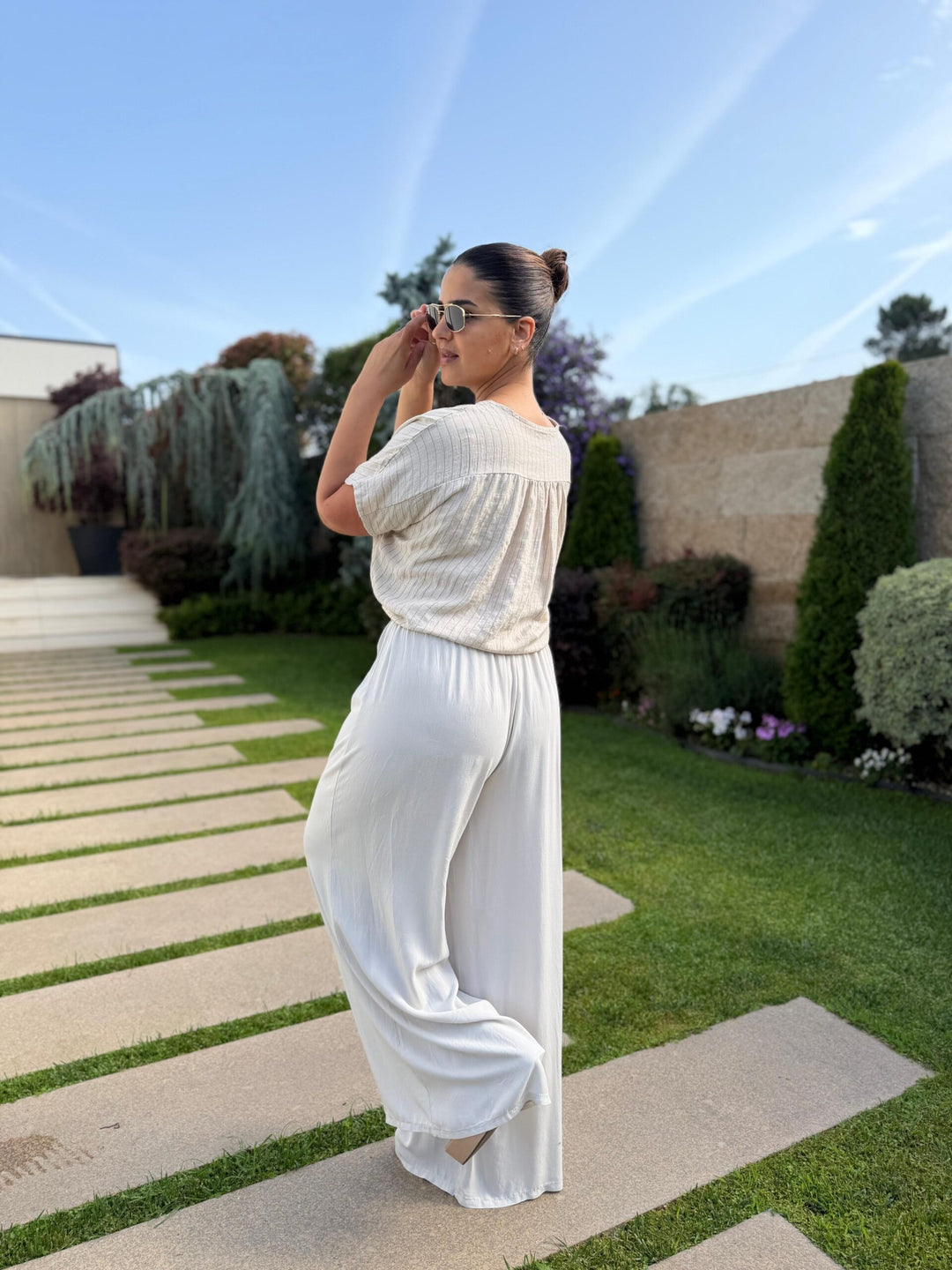 CALÇA FLUIDA BEGE PONTO CHIC