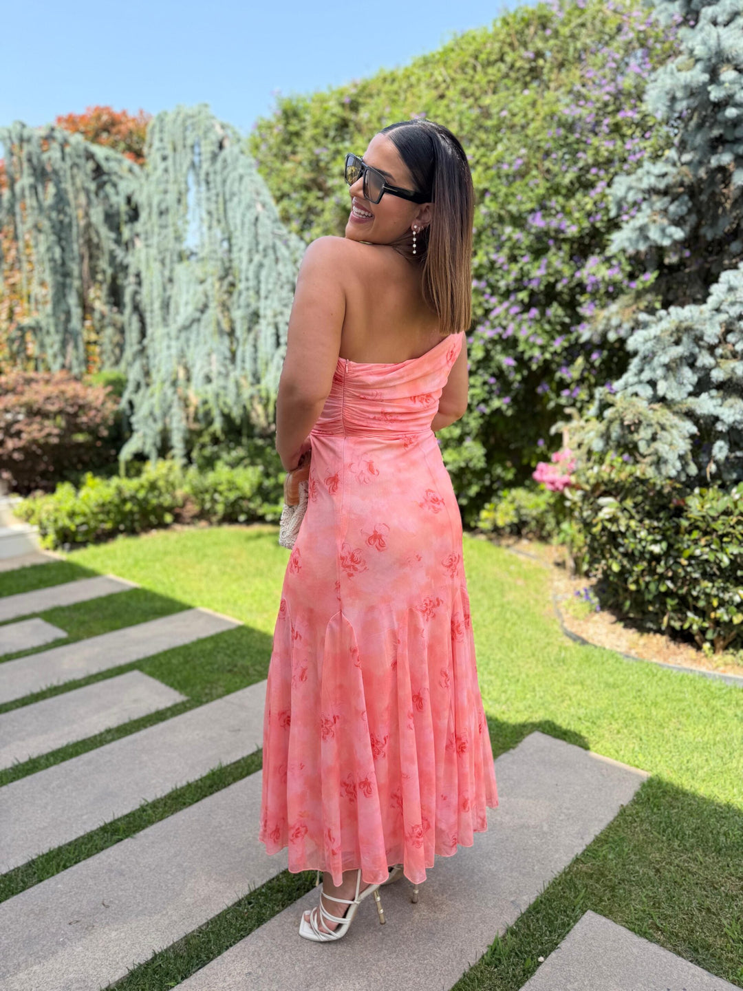 VESTIDO COMPRIDO CORAL DRAPEADO ESTAMPADO PONTO CHIC