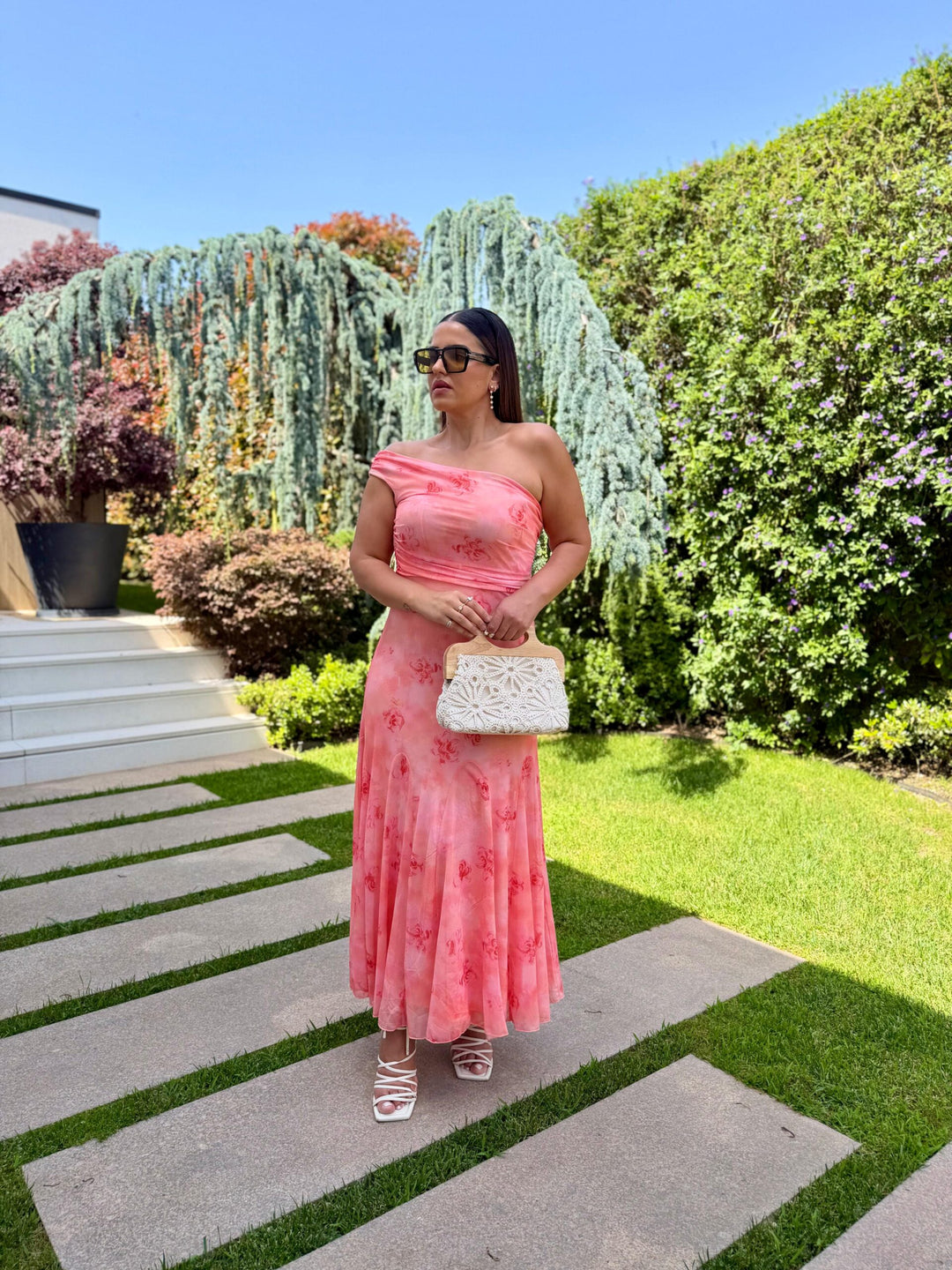 VESTIDO COMPRIDO CORAL DRAPEADO ESTAMPADO PONTO CHIC