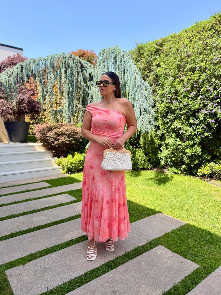 VESTIDO COMPRIDO CORAL DRAPEADO ESTAMPADO PONTO CHIC
