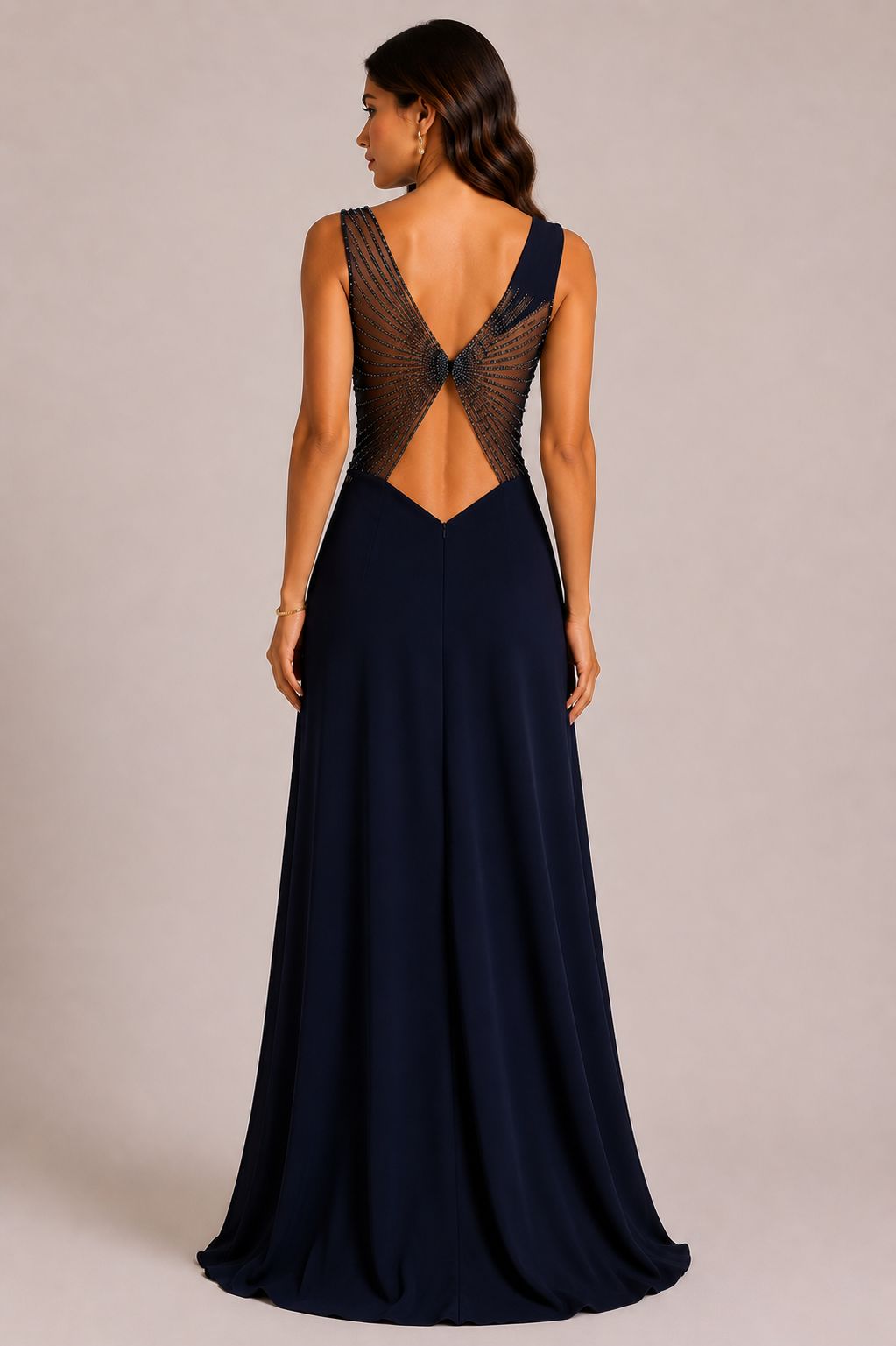 VESTIDO COMPRIDO AZUL MARINHO COM CORPETE BORDADO PONTO CHIC