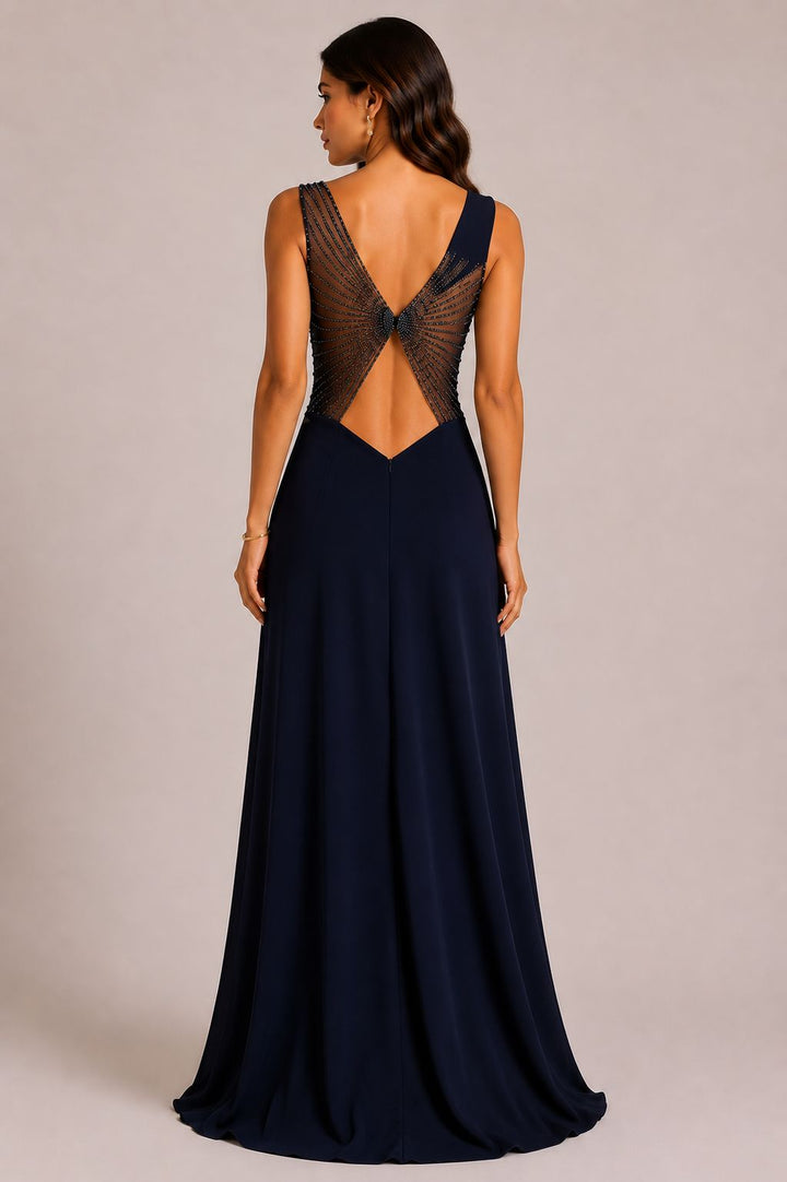 VESTIDO COMPRIDO AZUL MARINHO COM CORPETE BORDADO PONTO CHIC