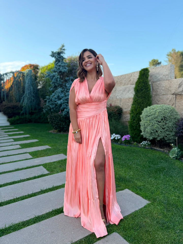 VESTIDO COMPRIDO PLISSADO CORAL PONTO CHIC