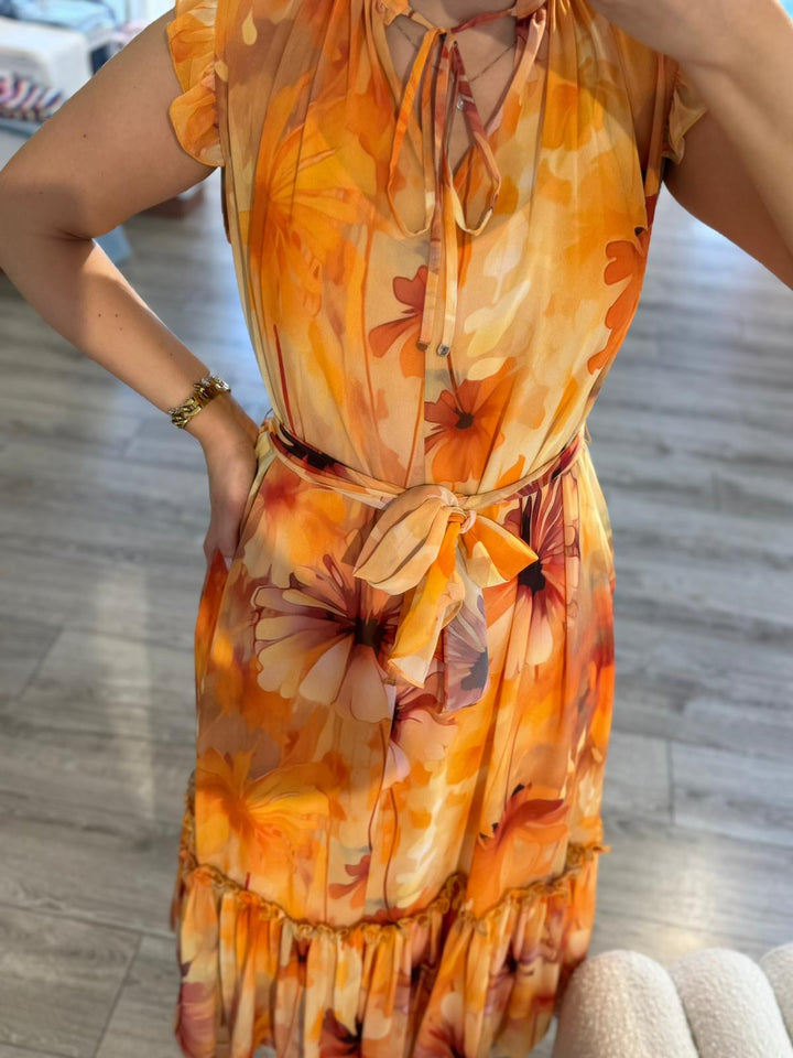 VESTIDO MIDI FLORAL TONS PÊSSEGO FERRACHE