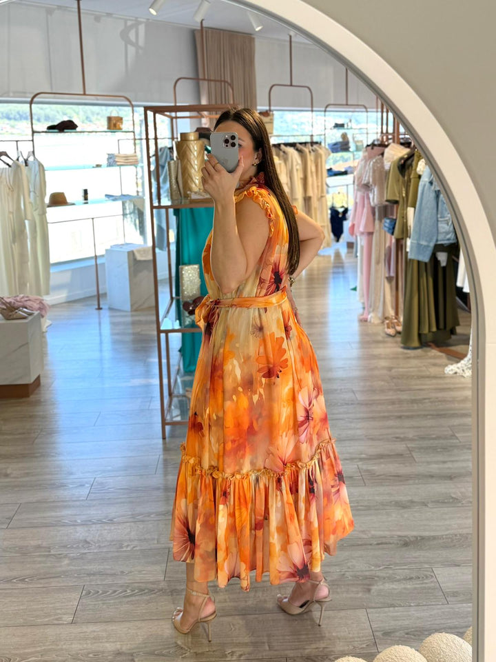 VESTIDO MIDI FLORAL TONS PÊSSEGO FERRACHE
