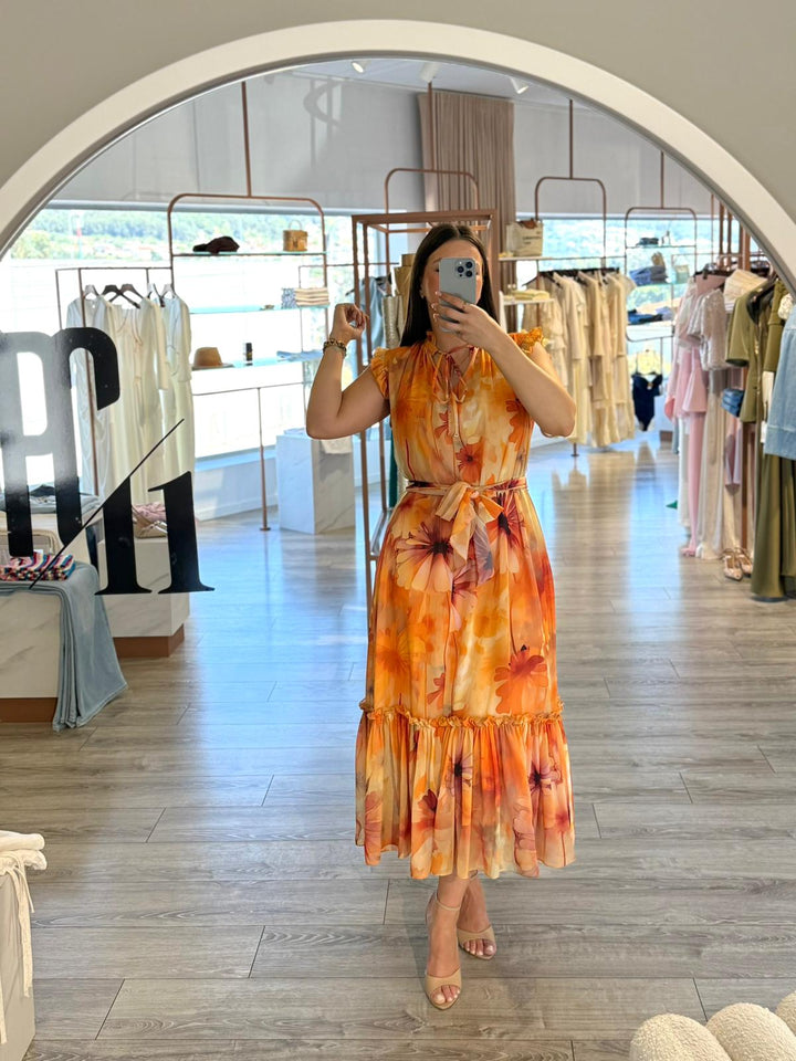 VESTIDO MIDI FLORAL TONS PÊSSEGO FERRACHE