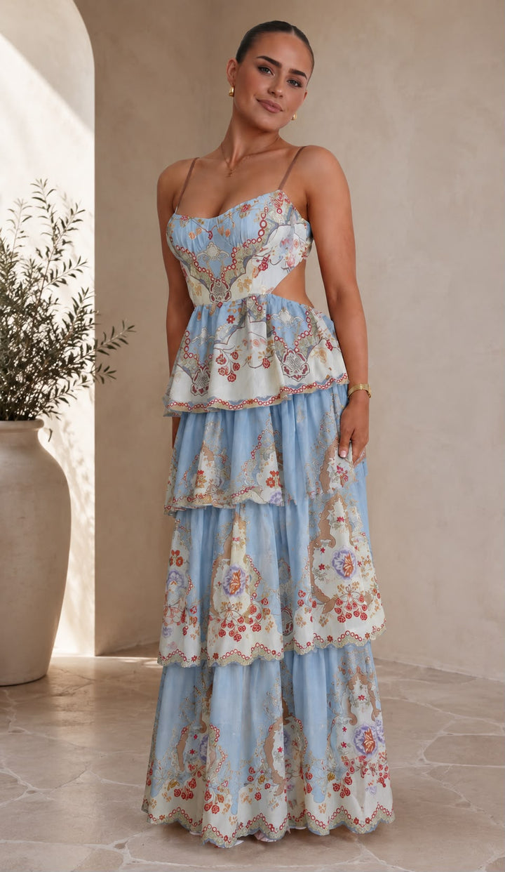 VESTIDO MIDI AZUL ESTAMPADO COM ABERTURAS LATERAIS E FOLHOS PONTO CHIC