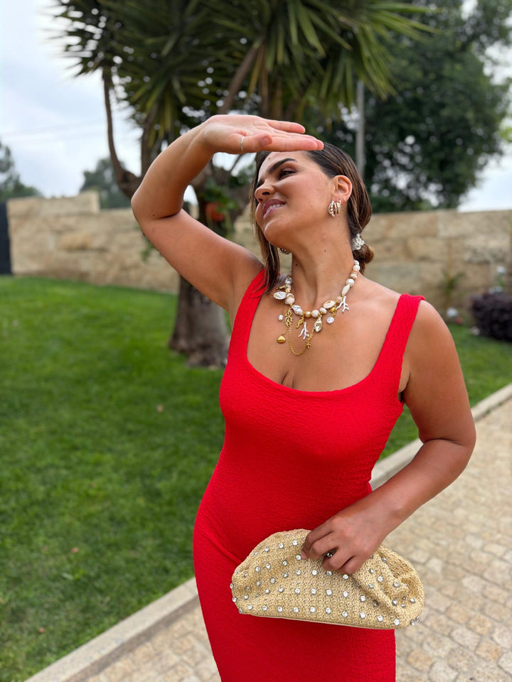 VESTIDO MIDI TEXTURADO VERMELHO PONTO CHIC