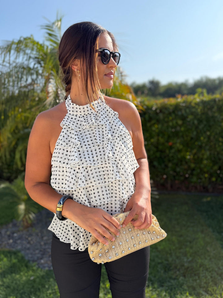 TOP BRANCO ÀS BOLINHAS PRETAS PONTO CHIC