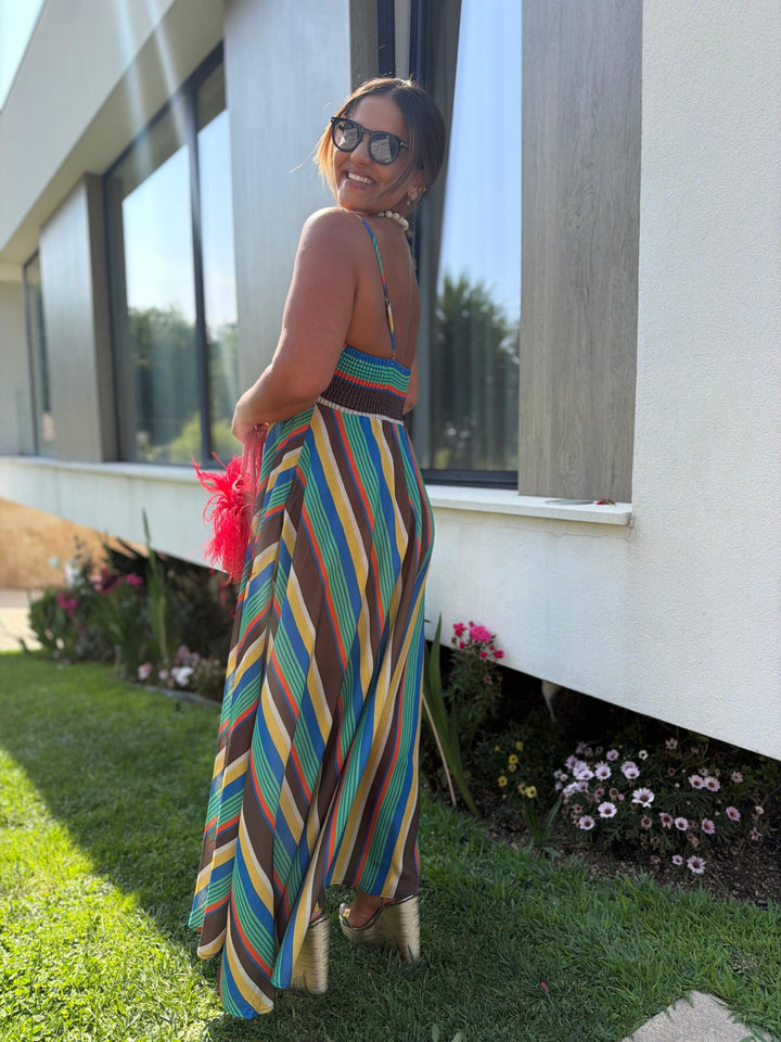VESTIDO MIDI RISCAS MULTICOR PONTO CHIC