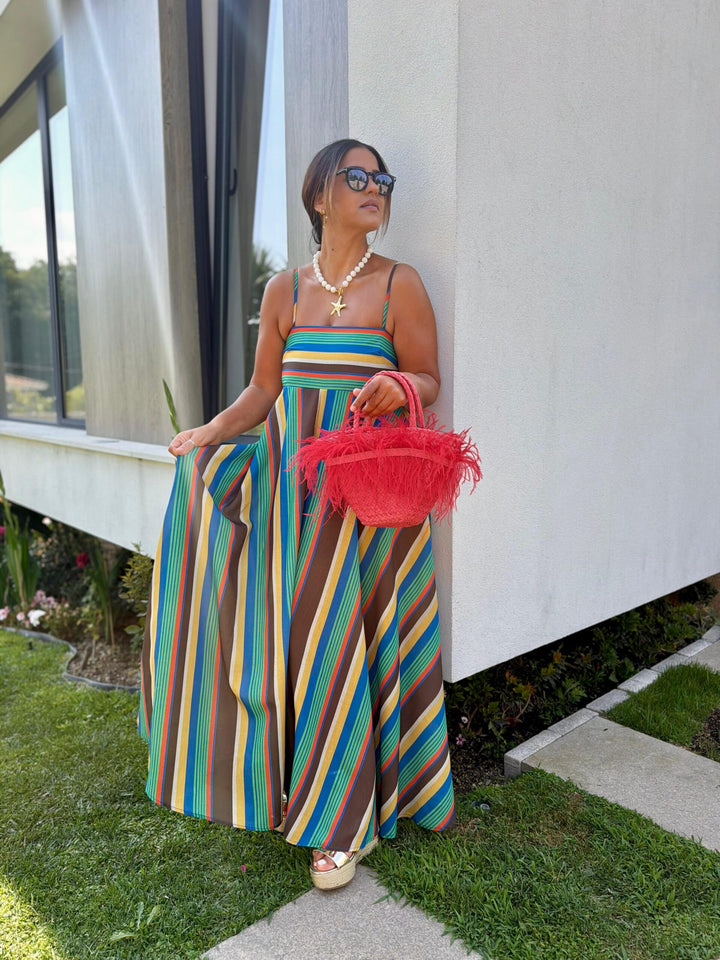 VESTIDO MIDI RISCAS MULTICOR PONTO CHIC