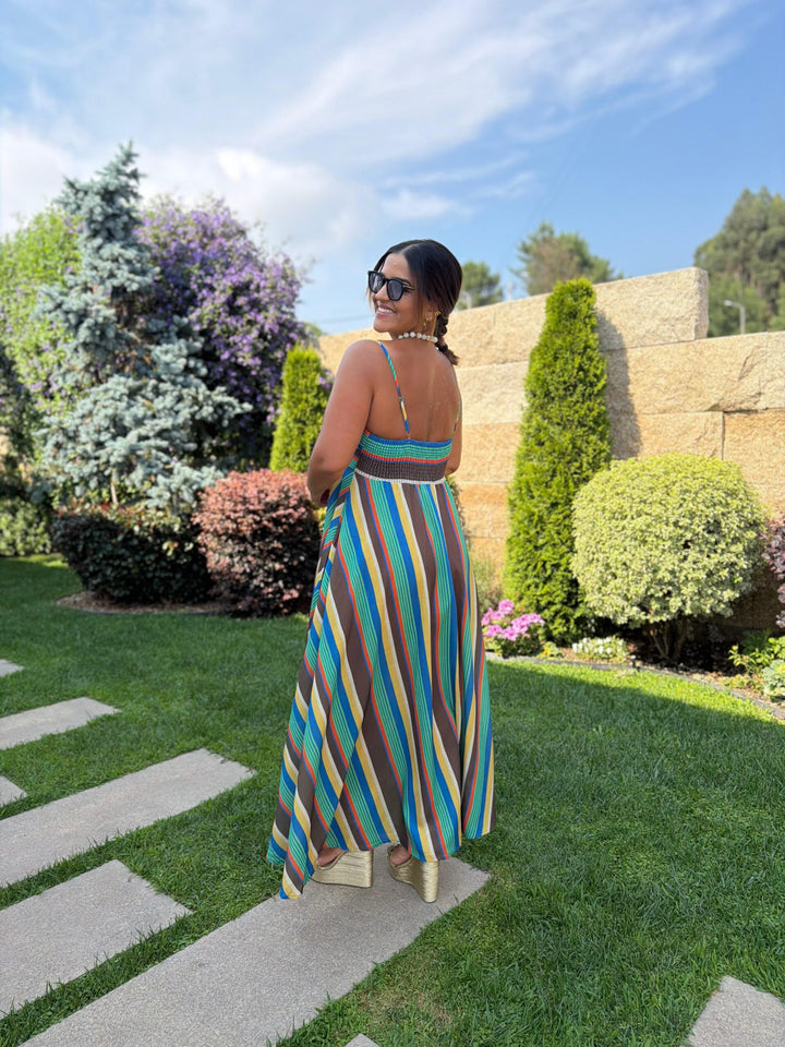 VESTIDO MIDI RISCAS MULTICOR PONTO CHIC
