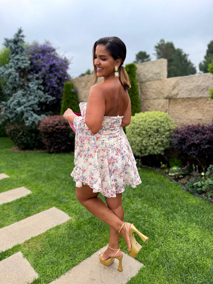 VESTIDO FLORAL CAI-CAI COM FOLHO NAS COSTAS PONTO CHIC