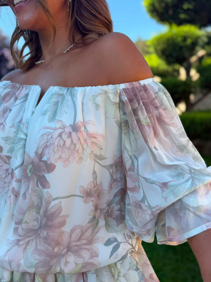 VESTIDO FLORAL OMBRO A OMBRO COM ALÇAS IMPERIAL