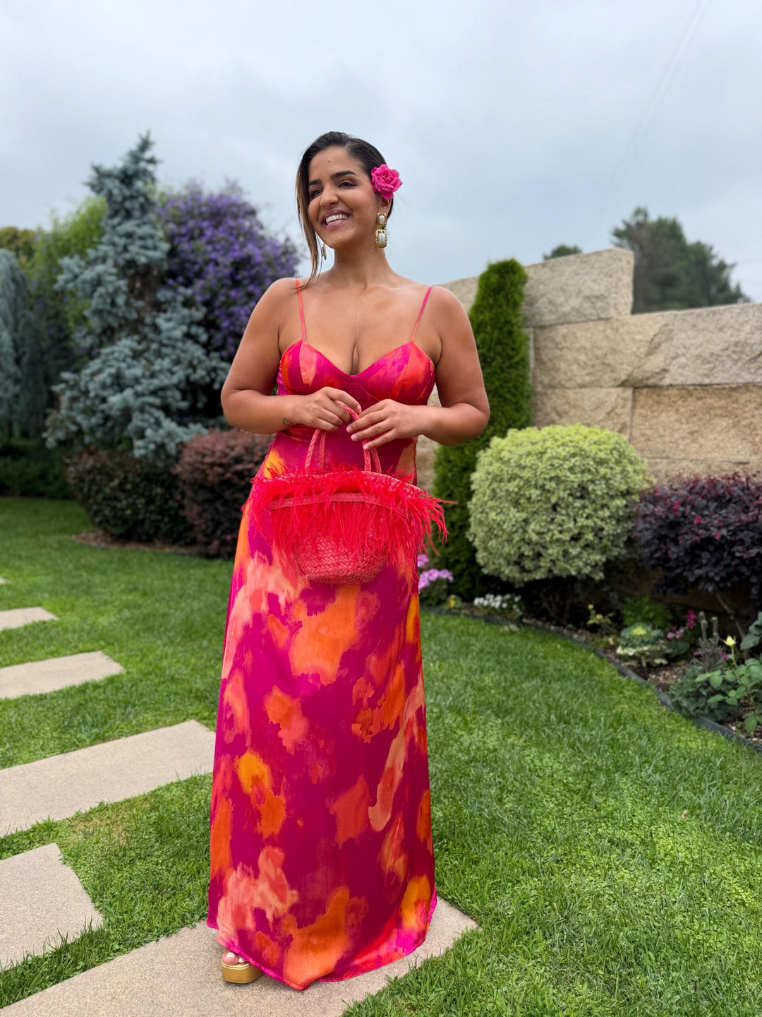 VESTIDO COMPRIDO ESTAMPADO FUCSIA E CORAL PONTO CHIC
