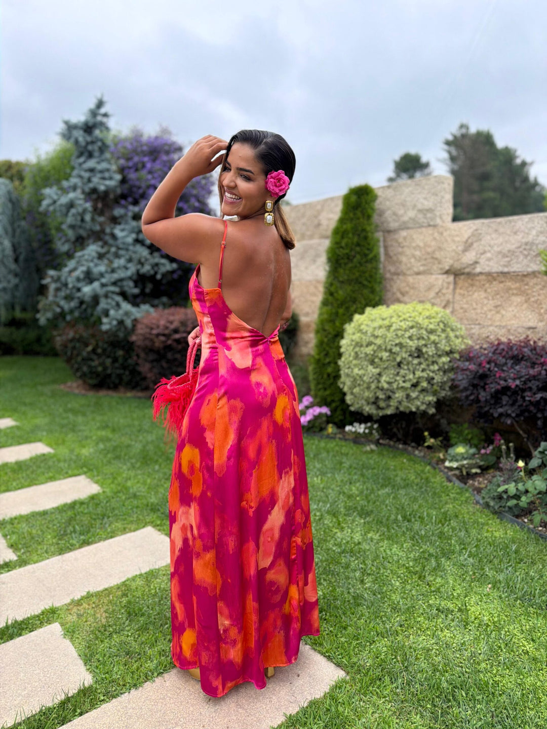 VESTIDO COMPRIDO ESTAMPADO FUCSIA E CORAL PONTO CHIC