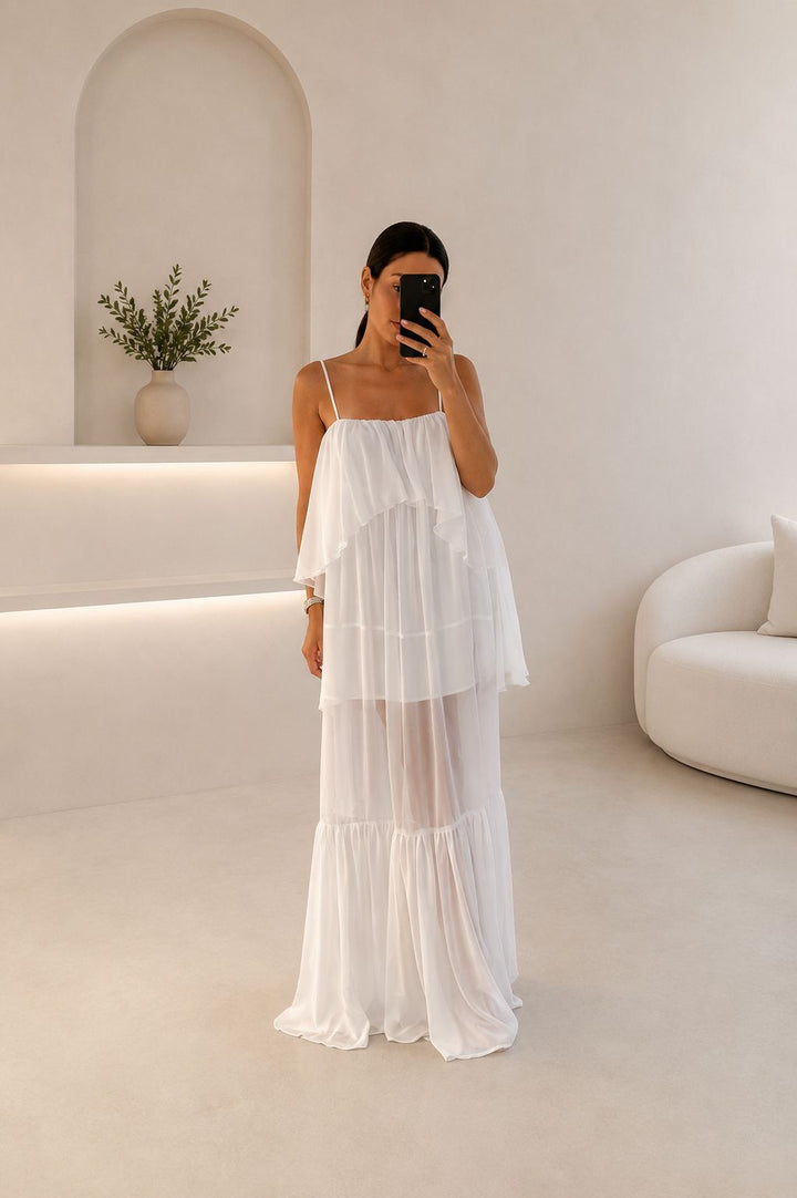 VESTIDO BRANCO COM FOLHOS SAHOCO
