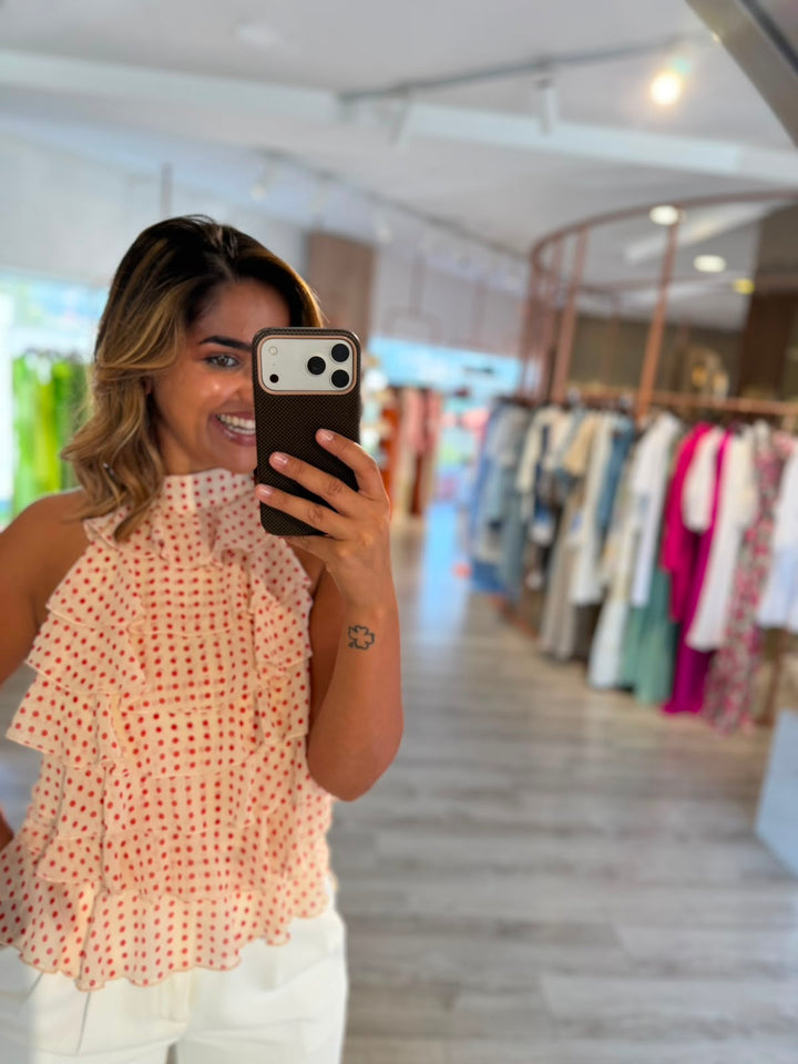 TOP BEGE E VERMELHO ÀS BOLINHAS PONTO CHIC