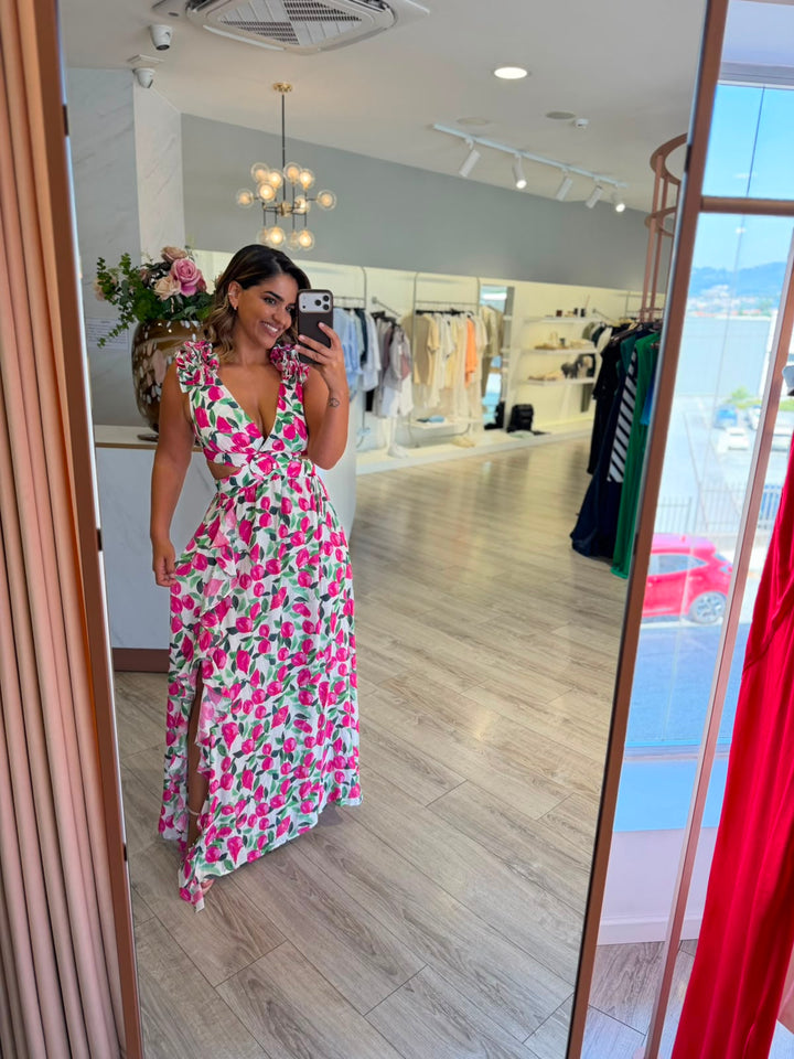 VESTIDO MIDI FLORAL COM COSTAS ABERTAS PONTO CHIC
