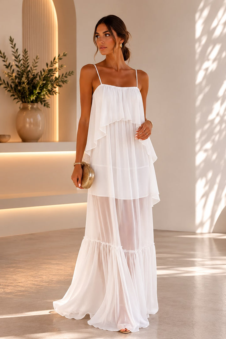 VESTIDO BRANCO COM FOLHOS SAHOCO