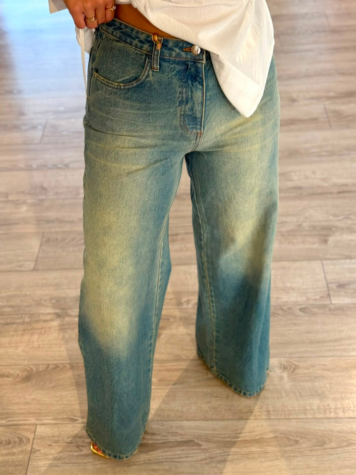 CALÇAS DE GANGA WIDE LEG AZUL MÉDIO RINASCIMENTO