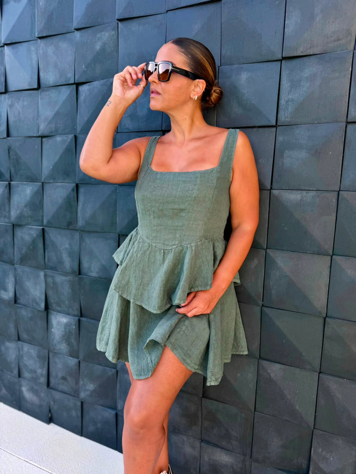 VESTIDO CURTO DE LINHO VERDE PONTO CHIC