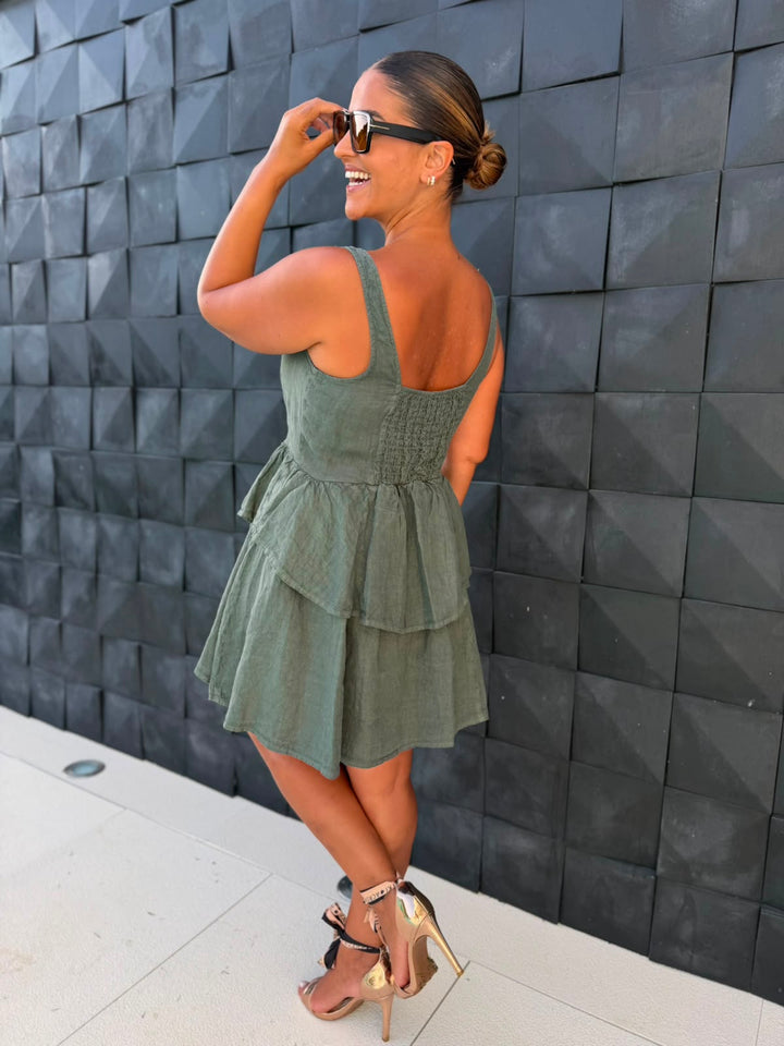 VESTIDO CURTO DE LINHO VERDE PONTO CHIC