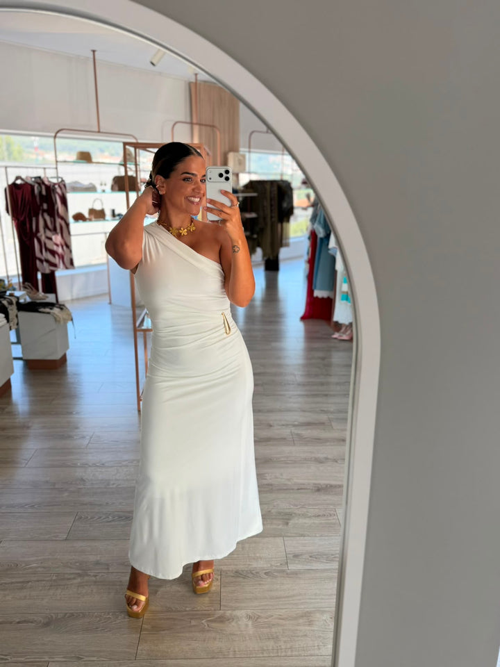 VESTIDO ASSIMÉTRICO DRAPEADO BRANCO PONTO CHIC