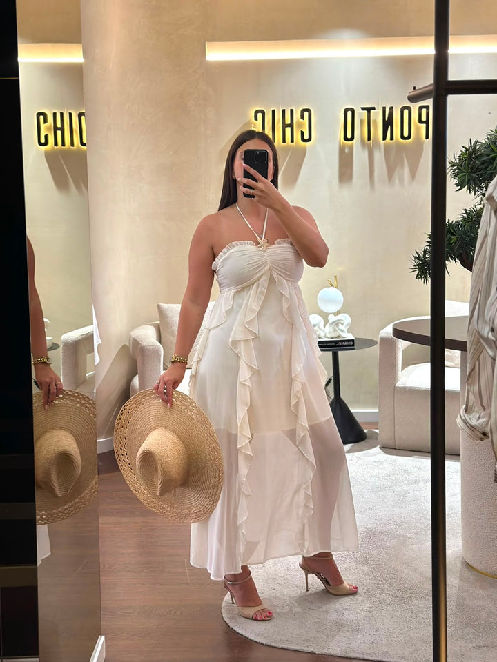 VESTIDO COM FOLHOS CREME PONTO CHIC