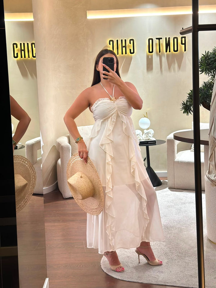 VESTIDO COM FOLHOS CREME PONTO CHIC