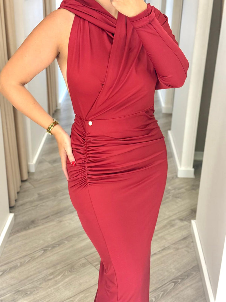VESTIDO VERMELHO DRAPEADO COM DECOTE DRAPEADO RINASCIMENTO