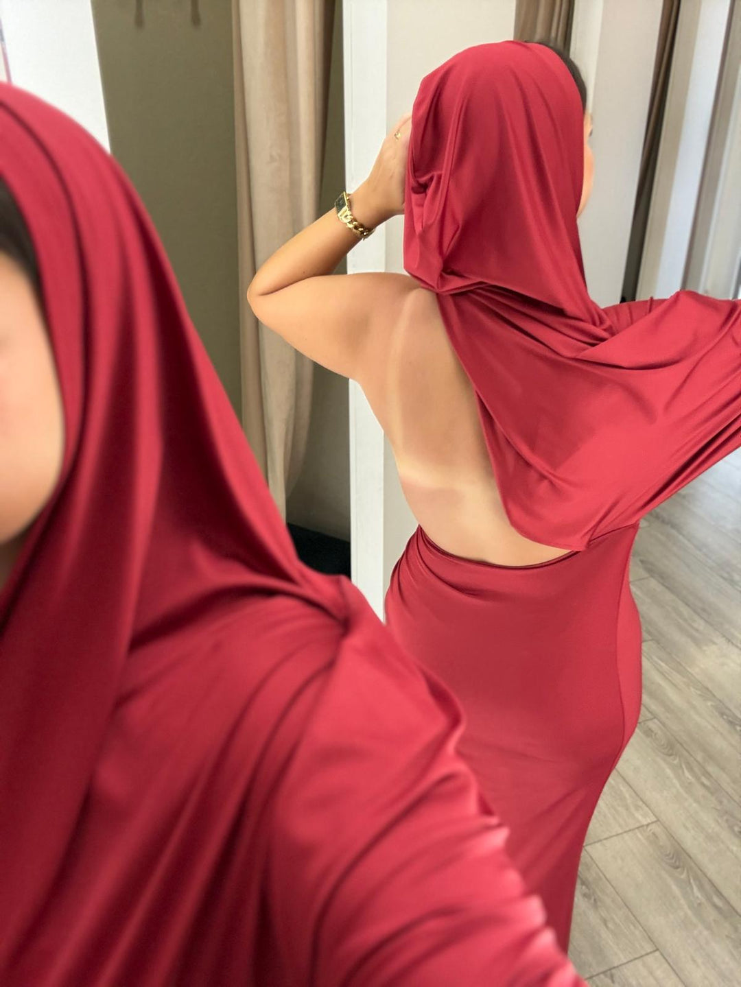 VESTIDO VERMELHO DRAPEADO COM DECOTE DRAPEADO RINASCIMENTO