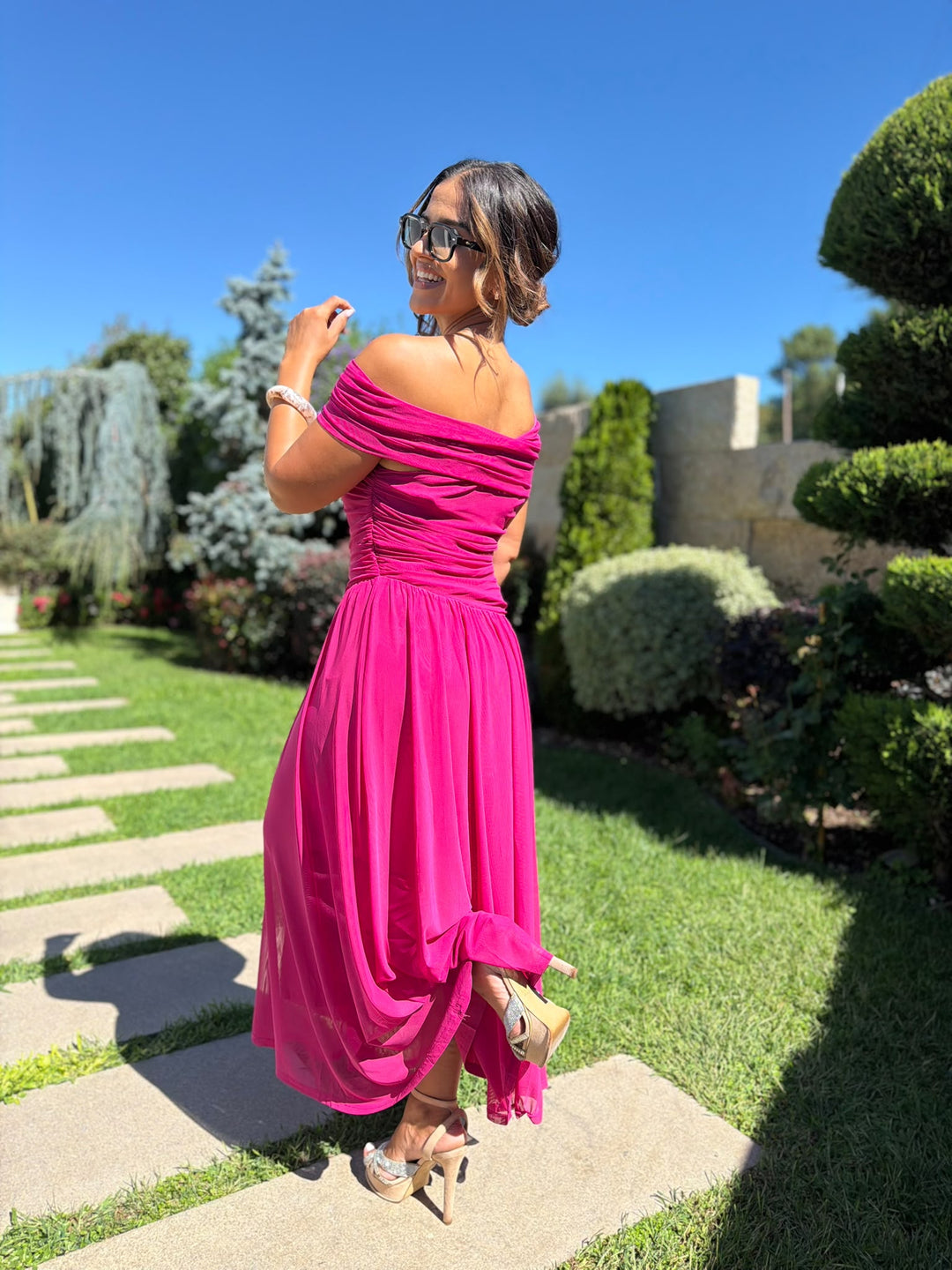VESTIDO COMPRIDO FUCSIA COM DRAPEADO PONTO CHIC