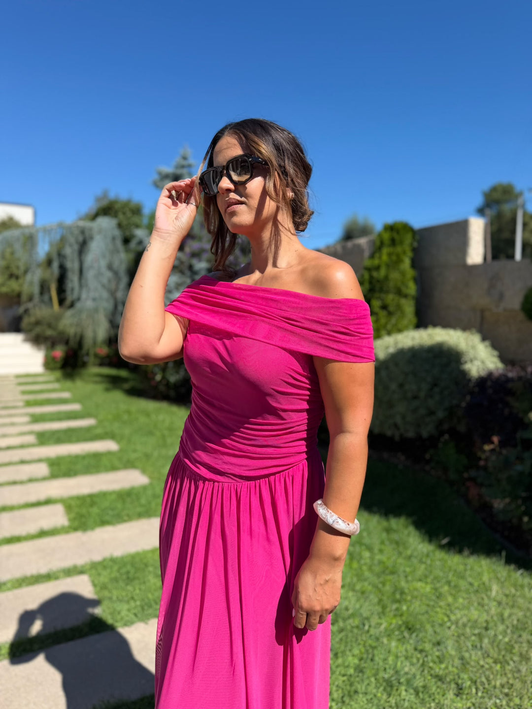 VESTIDO COMPRIDO FUCSIA COM DRAPEADO PONTO CHIC